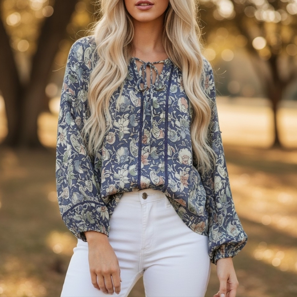 Lucky Brand Blue Floral Tie-Neck Blouse
